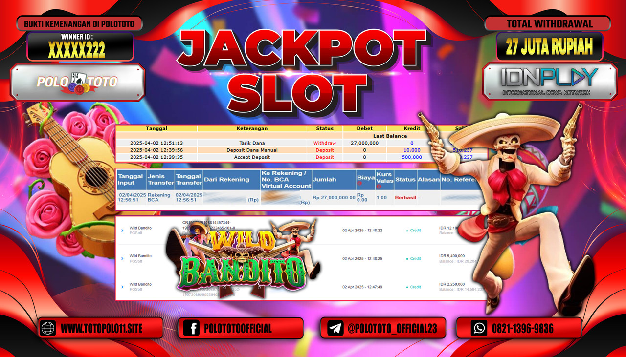 POLOTOTO JACKPOT SLOT WILD BANDITO Rp.27.000.000,- LUNAS