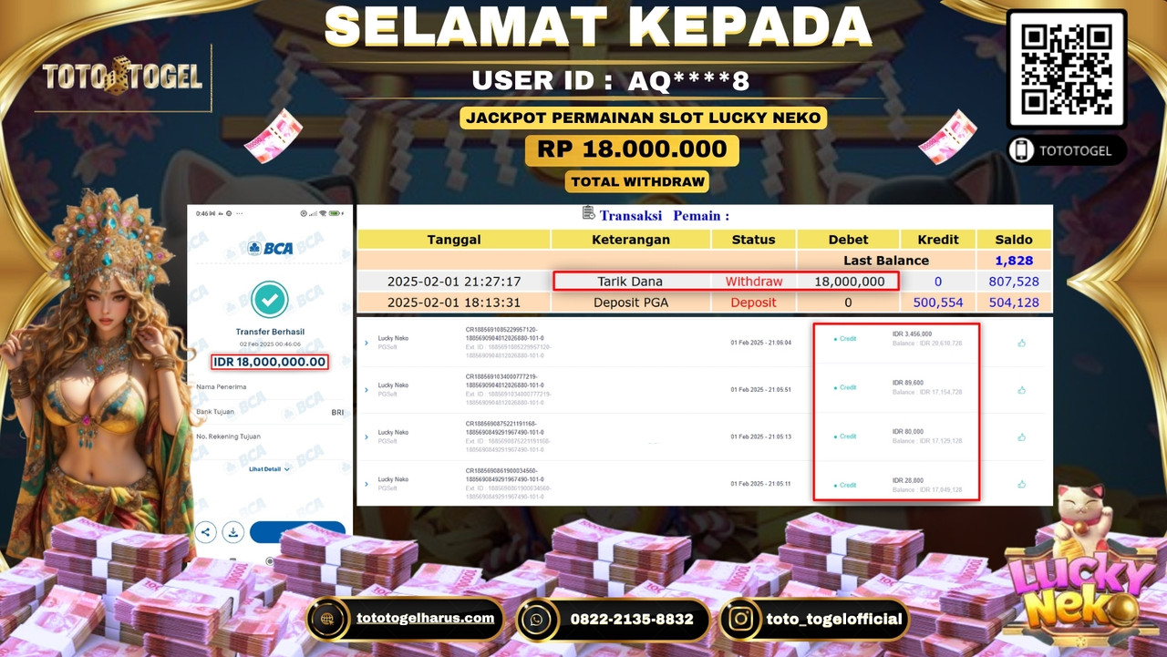 Bukti Pembayaran Jackpot  Permainan Slot Lucky Neko  ID:AQ****8 LUNAS