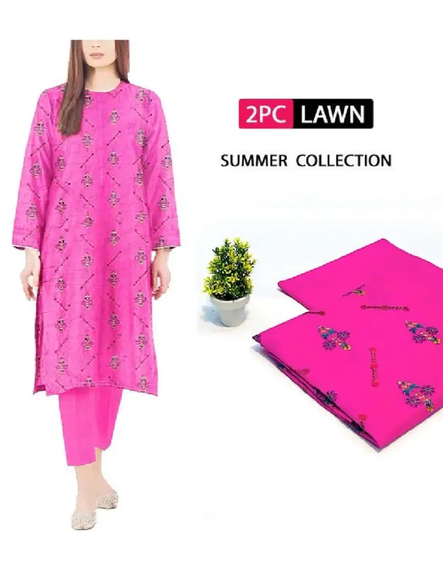 Elegant Embroidered Lawn 2-Piece Suit | Unstitched Shirt & Plain Trouser for Pakistani Ladies