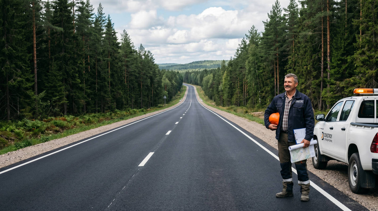 Новое дорожное полотно высокого качества в природном ландшафте как результат использования современного технологичного оборудования