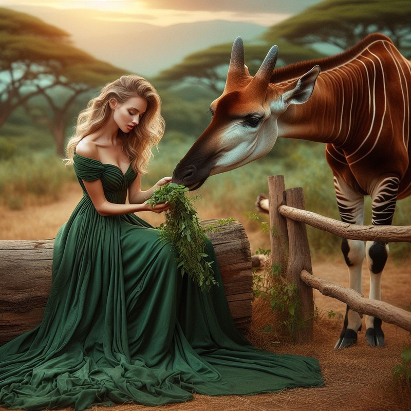 A lady in a long green dress feeding an okapi