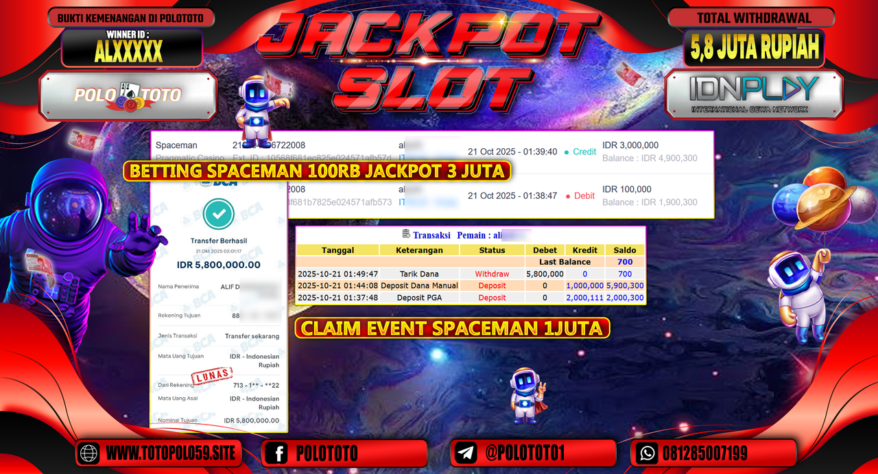 POLOTOTO JACKPOT SLOT SPACEMAN Rp.5.800.000,-