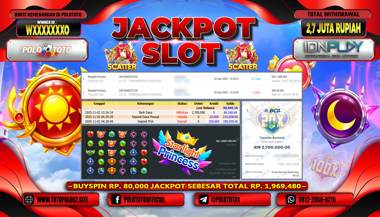 POLOTOTO JACKPOT SLOT STARLIGHT PRINCESS SUPER SCATTER Rp.2.700.000,- LUNAS
