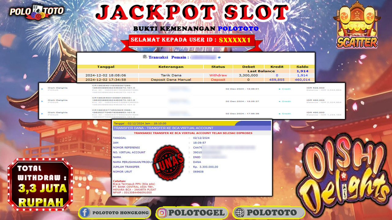 POLOTOTO JACKPOT SLOT OISHI DELIGHTS Rp.2,190.000,-