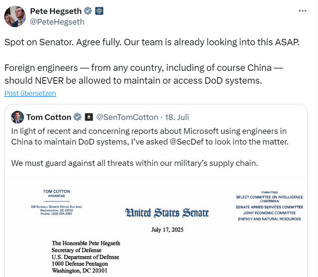 Hegseth answered on letter