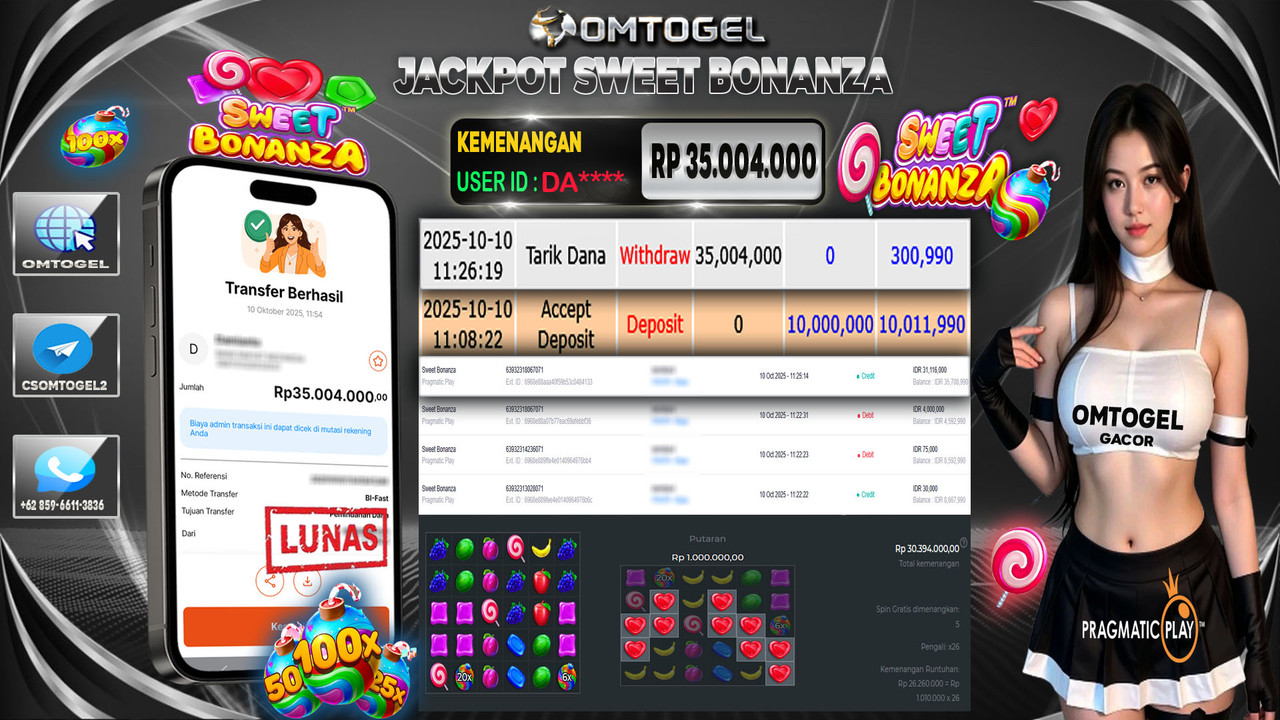 OMTOGEL JACKPOT PRAGMATIC PLAY SWEET BONANZA 35 JUTA DI BAYAR LUNAS ,-