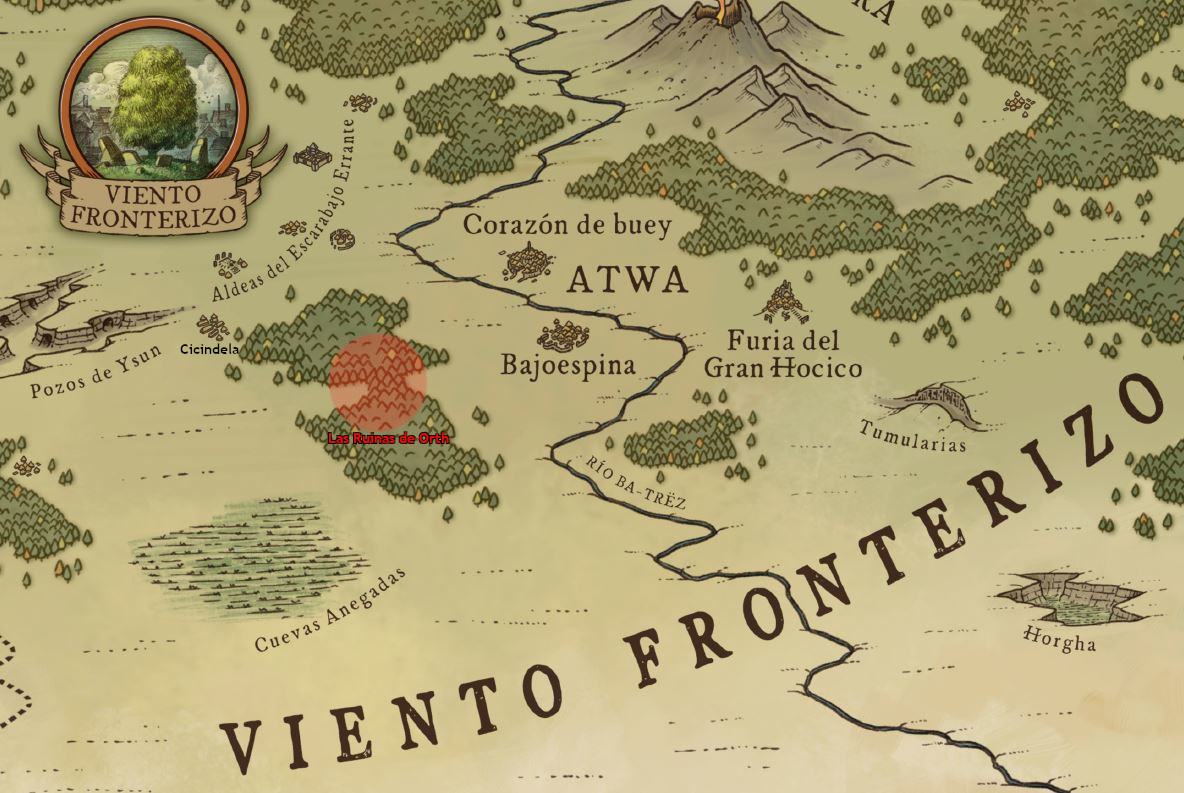 Mapa que úbica la ciudad de Viento Fronterizo, las Aldeas del Escarabajo Errante justo al sur, Las Ruinas de Orth en el boosque más al sur y ATWA ligeramente al oriente bañada por el río Ba-Trez.