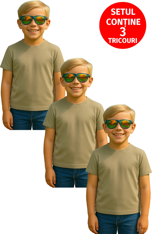 Set 3 tricouri Baiat Bumbac Simplu Casual Elegant Vara , Copil, Cri-Flo, Culoare Khaki deschis, Marime 9-10 ani, 146 CM