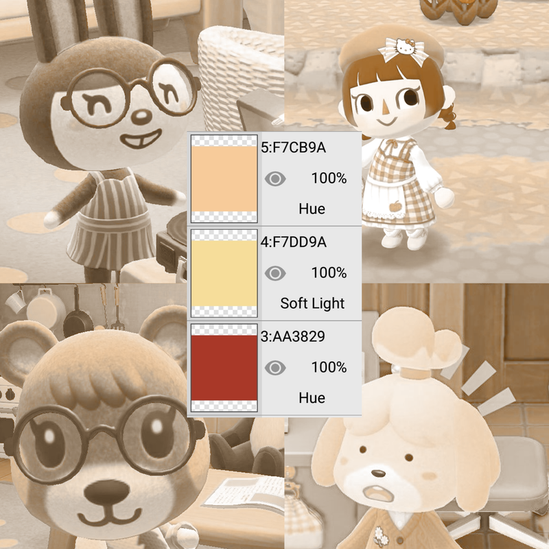hex codes - %F7CB9A 100% hue, %F7DD9A 100% soft light, %AA3829 100% hue