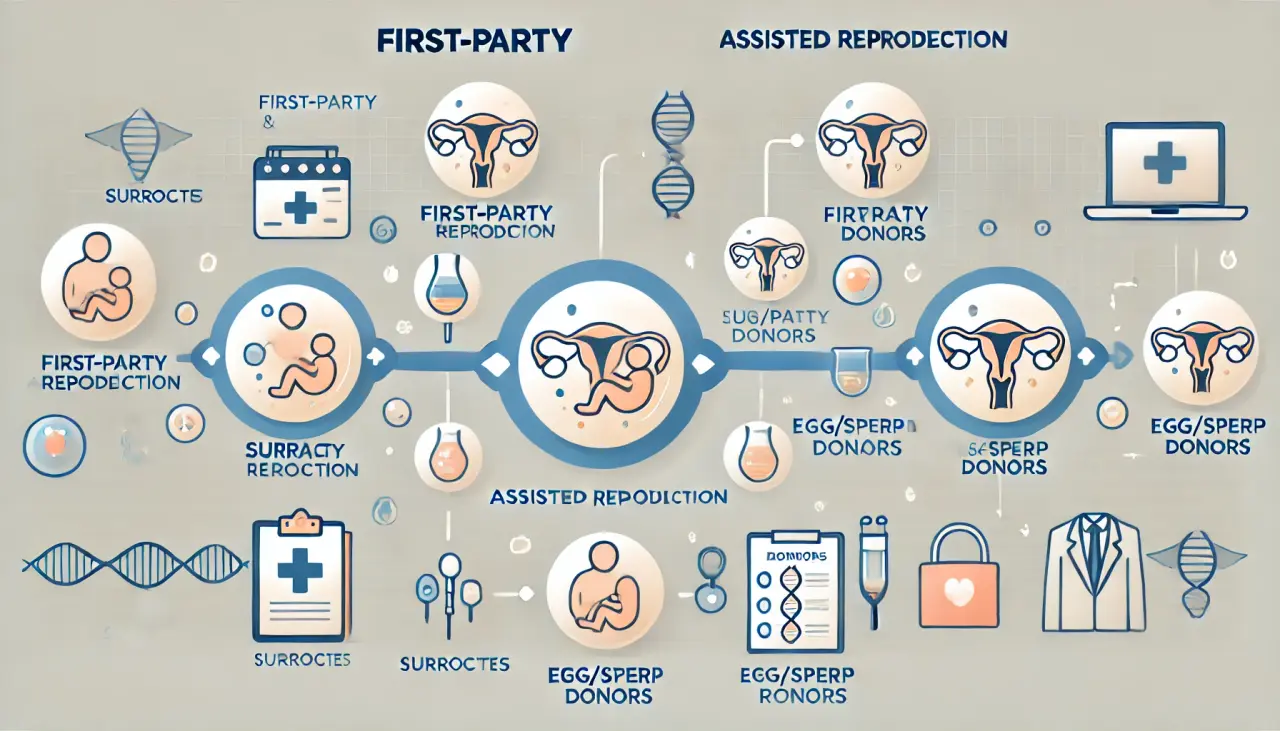 Infographic showing first-party and third-party assisted reproduction with icons for surrogates, gamete donors, and medical professionals.