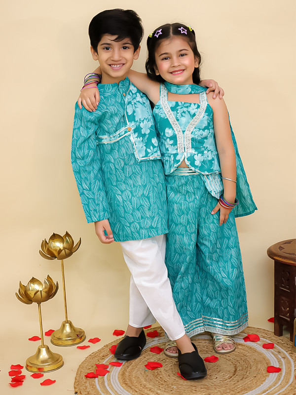 Cotton Leaf Printed Kurta Pyjama Set Full sleeves Kurta Pajama Set For Boys - Picture 10 of 27