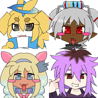 Commission example of four animated character icon, fully dithered.