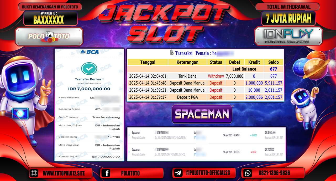 POLOTOTO JACKPOT SLOT SPACEMAN  Rp.7.000.000,-