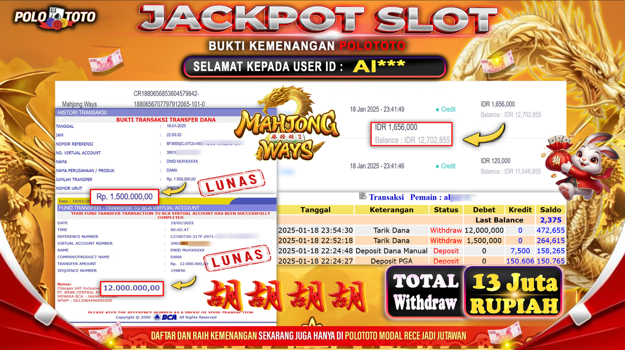 POLOTOTO JACKPOT SLOT MAHJONG WAYS Rp.13,500.000,-