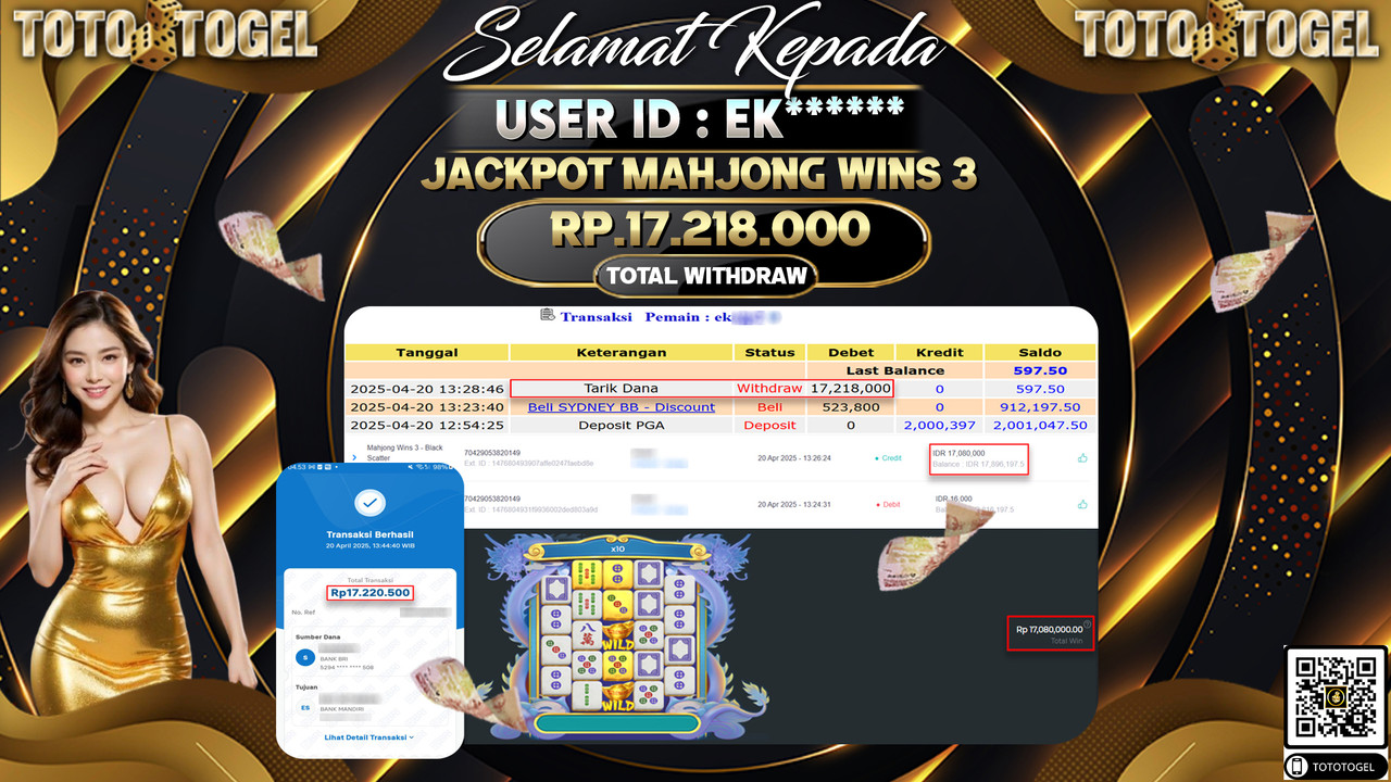 Bukti Pembayaran Jackpot  Permainan Slot Mahjong Wins 3 ID:EK****** LUNAS