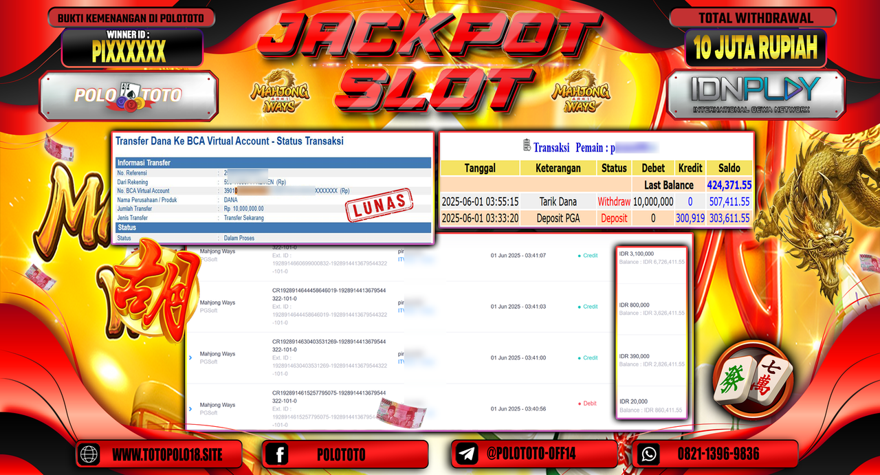 POLOTOTO JACKPOT SLOT MAHJONG WAYS Rp.10.000.000,-