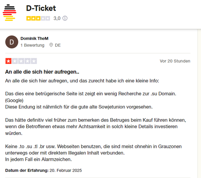 Bewertungen Deutschland-Ticket auf Trust-Pilot