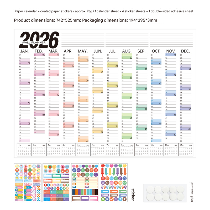 2026 Wall Planner Calendar with Stickers and Double-Sided Tape – 742 x 525 mm for Home, Office or Study in the destination market