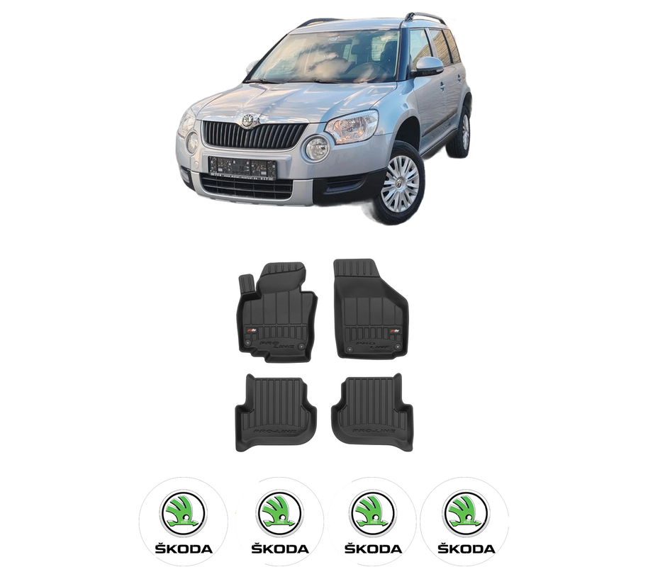 Set covorase presuri SKODA YETI din 2009-2017, auto, din cauciuc thermoplastic, 4 Stickere auto cu SKODA
