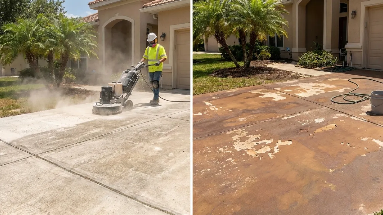 Concrete contractor using a grinder to open the driveway surface and remove old sealer before staining in San Antonio, TX — the prep step that determines whether stain soaks in evenly or blotches