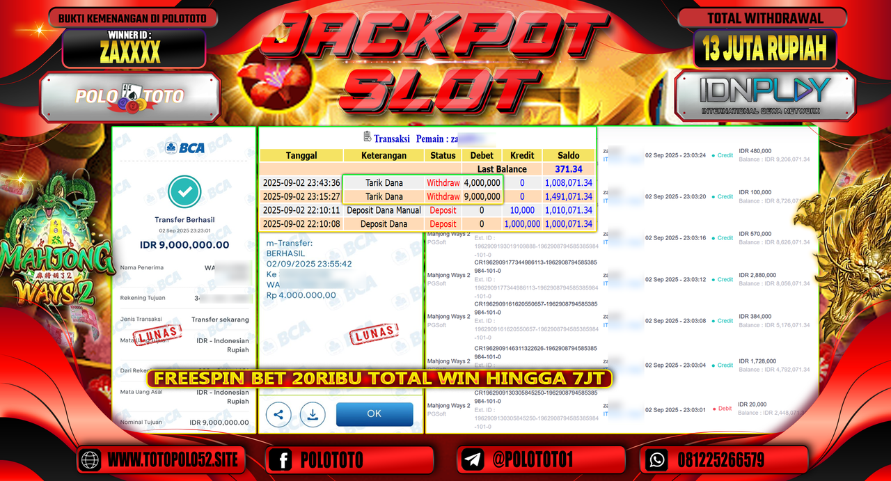 POLOTOTO JACKPOT SLOT MAHJONG WAYS 2 Rp.13.000.000,-