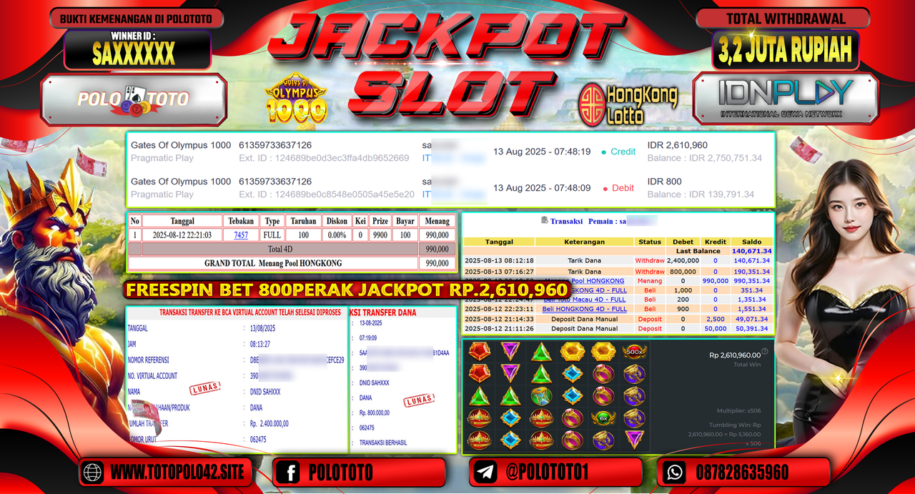 POLOTOTO JACKPOT SLOT GATES OF OLYMPUS DAN TOGEL HONGKONG LOTTO Rp.3.200.000,-LUNAS