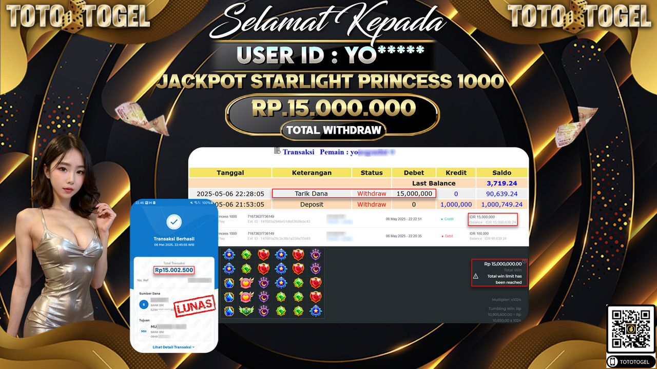 Bukti Pembayaran Jackpot  Permainan Slot Starlight Princess 1000 ID:YO***** LUNAS