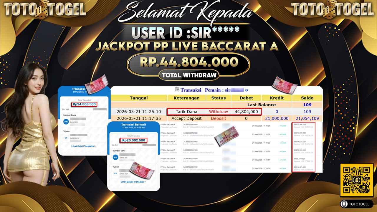 Bukti Pembayaran Jackpot Permainan Pragmatic Live PP Live Baccarat A ID:SIR***** LUNAS