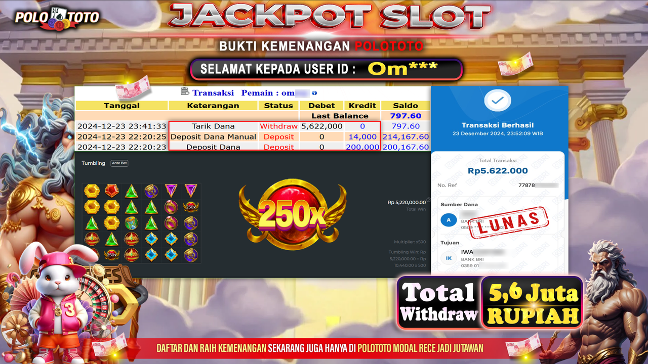 POLOTOTO JACKPOT SLOT GATES OF OLYMPUS Rp.5,622.000,-