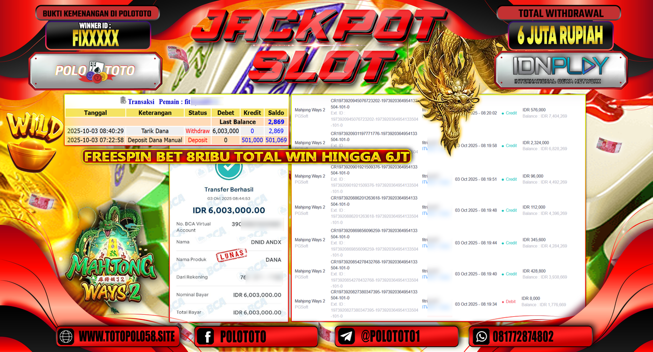 POLOTOTO JACKPOT SLOT MAHJONG WAYS 2 Rp.6.000.000,- LUNAS