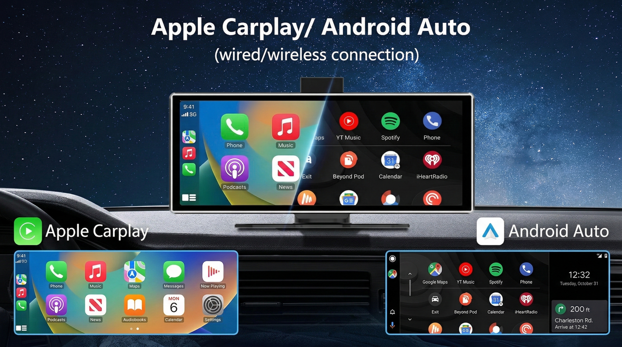 Excitat ecran navigatie auto cu wireless CarPlay si Android Auto, conectare rapida prin WiFi sau Bluetooth, control sigur in timpul condusului