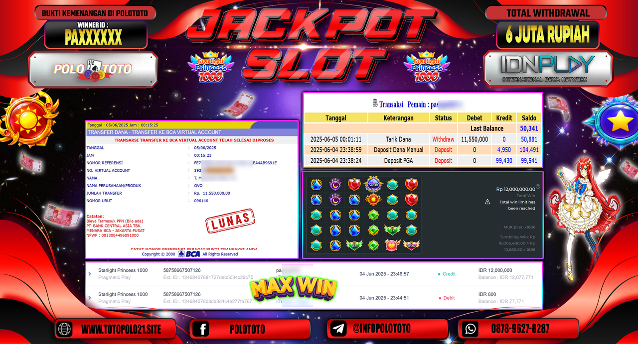 POLOTOTO JACKPOT SLOT STARLIGHT PRINCESS 1000 Rp.11.550.000,-