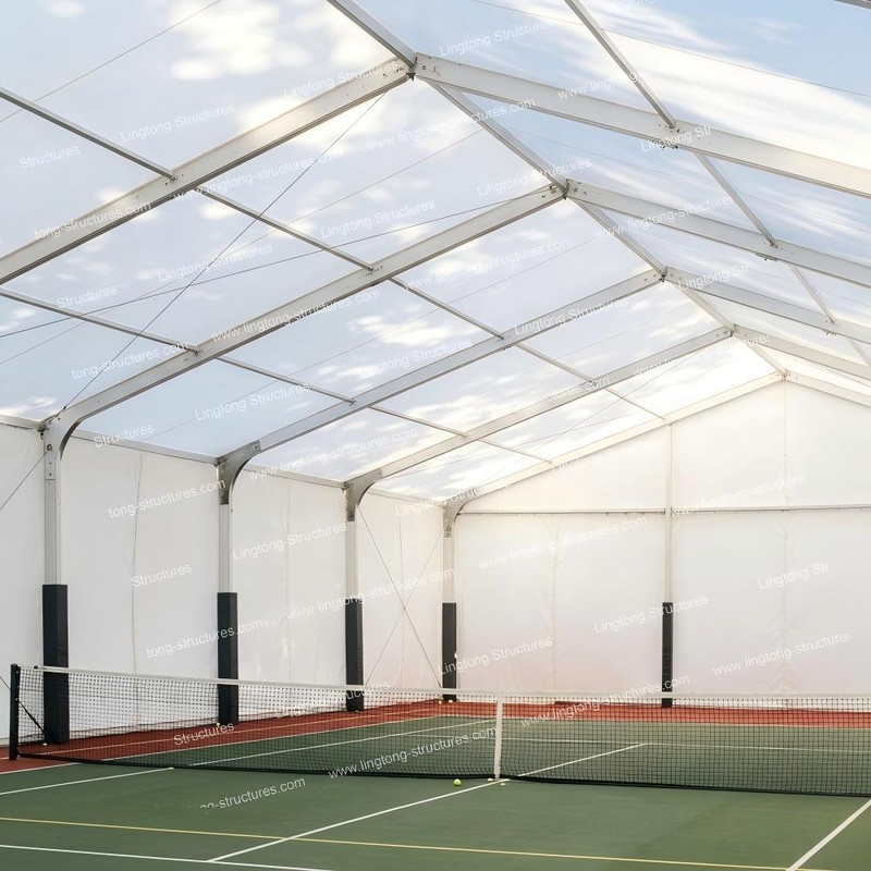 Tennis court tent interior with clear span space for tennis training and match play