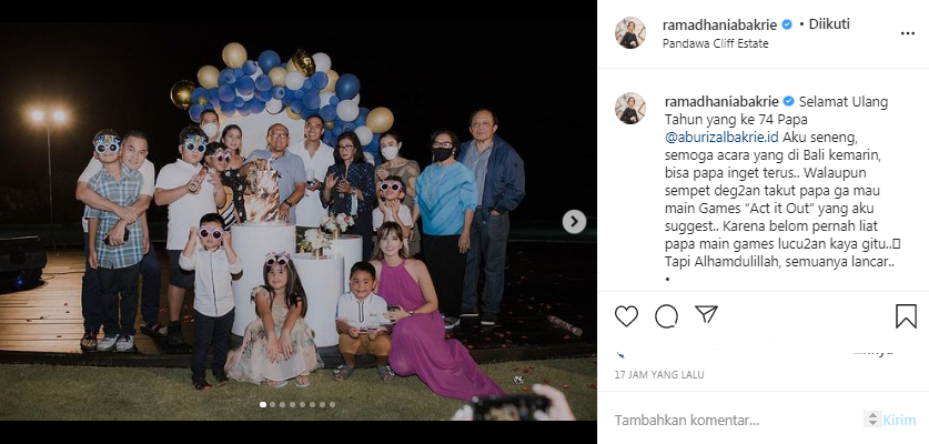 Nia Ramadhani mengunggah foto saat merayakan ulang tahun Aburizal Bakrie
