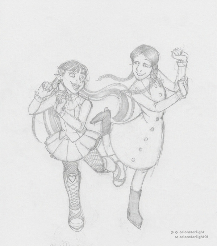 My finished line-art drawing of Draculaura and Wednesday. They aren’t colored and this was the exact point in the process when I felt comfortable enough to finalize the line-art and move onto coloring.