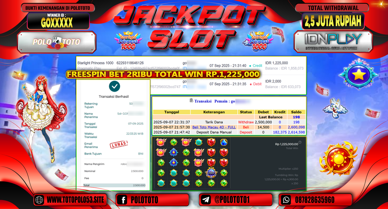 POLOTOTO JACKPOT SLOT STARLIGHT PRINCESS 1000 Rp.2.500.000,-