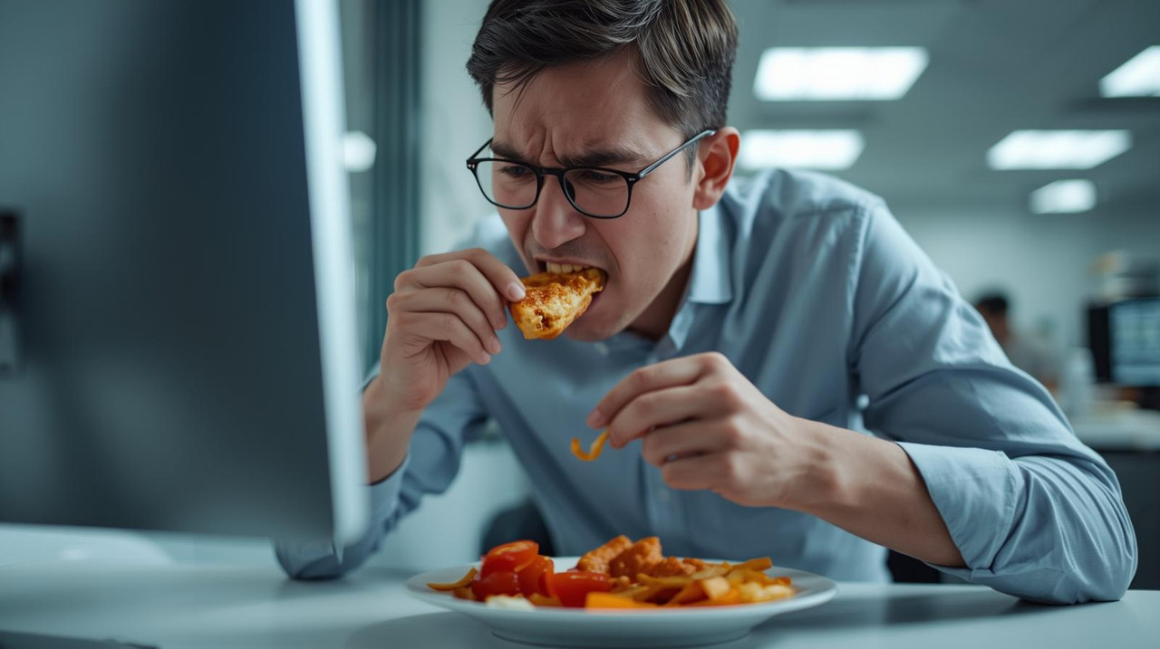 Pessoa comendo rápido em frente ao computador