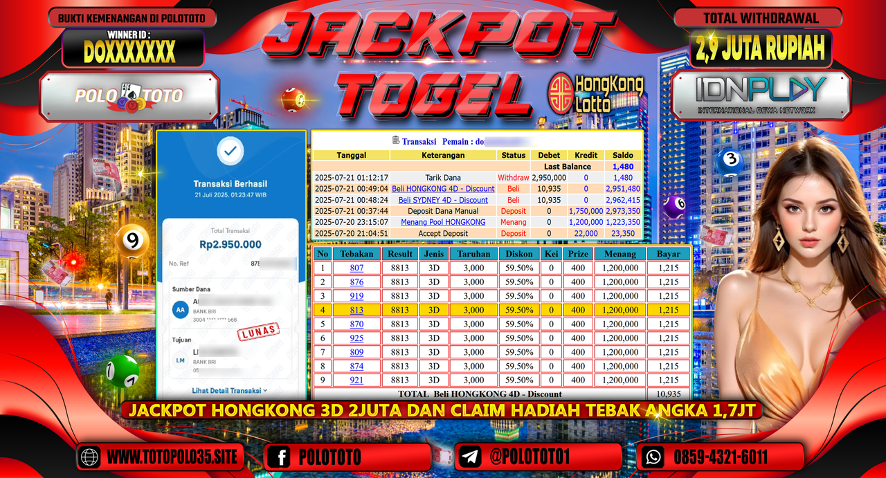 POLOTOTO JACKPOT TOGEL HONGKONG LOTTO Rp.2.900.000,- LUNAS