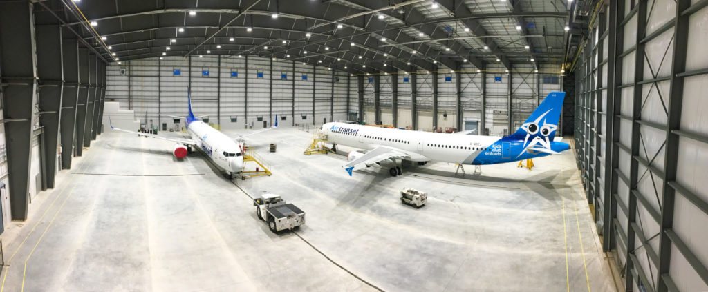 Air Transat aircraft inside a maintenance hangar