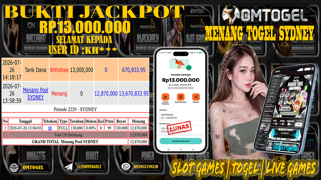 OMTOGEL JACKPOT MENANG TOGEL SYDNEY  Rp,13,000,000,- DIBAYAR LUNAS