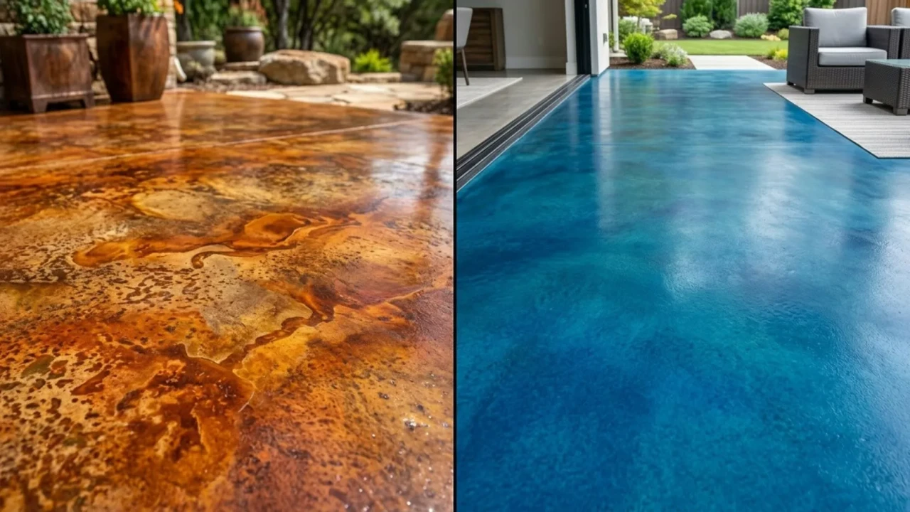 Side by side comparison of acid stained and water-based stained concrete colors