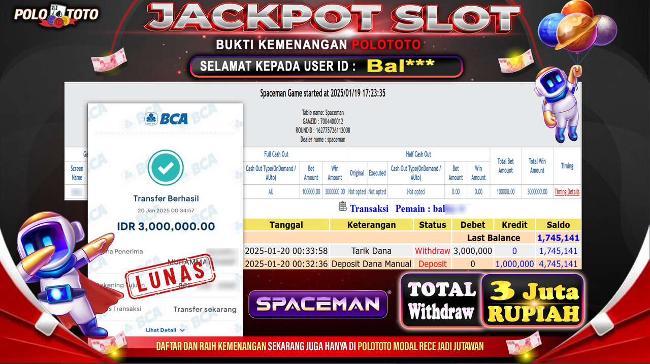 POLOTOTO JACKPOT SLOT SPACEMAN Rp.3,000.000,-