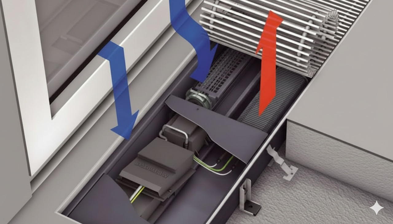 Устройство конвектора с теплообменником и принудительной циркуляцией воздуха