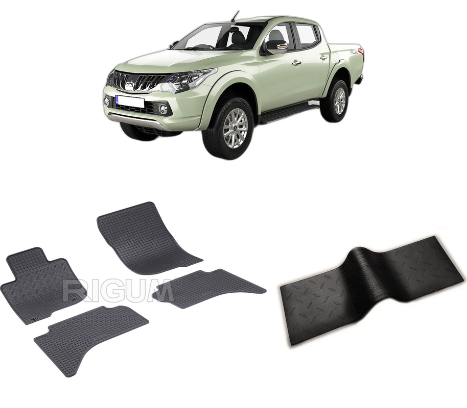 Set covorase auto MITSUBISHI L200 din 06.2015-11.2022, cu covoras tunel median, CAROSERIE PICK-UP, Presuri cauciuc 100%, compatibil cu autoturismul MITSUBISHI L200, Rigum