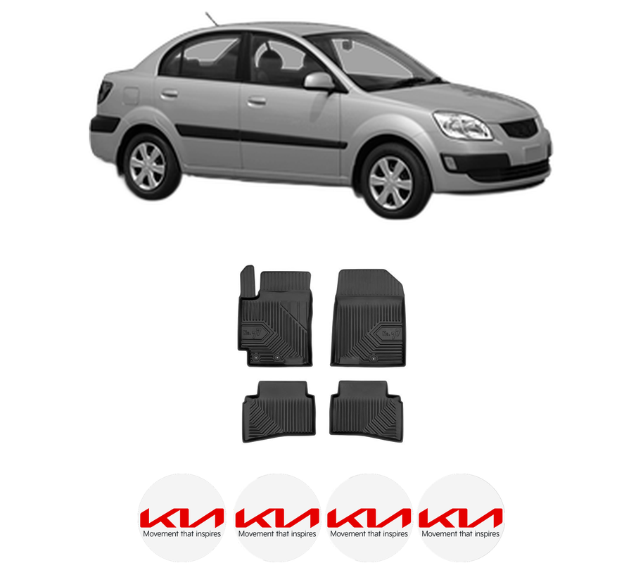Set covorase presuri KIA RIO II Saloon (JB) din 2005-2011, auto, din cauciuc thermoplastic, 4 Stickere auto cu KIA