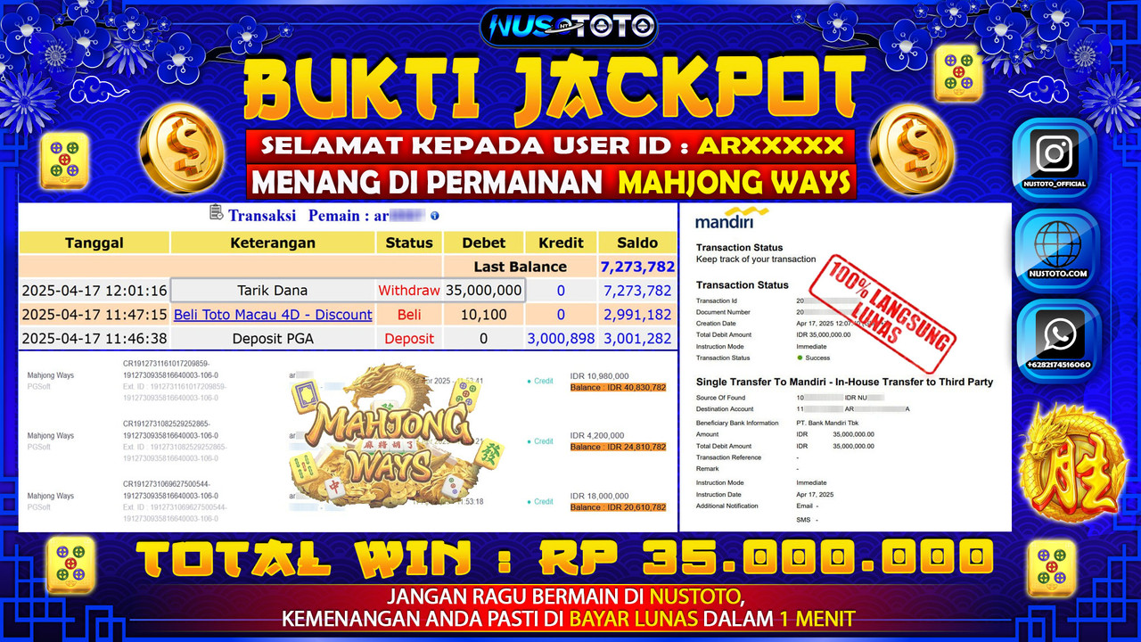 JACKPOT !! MENANG BESAR DI MAHJONG WAYS 1000 Rp. 35.000.000 LANGSUNG DI BAYAR LUNAS NUSTOTO !!