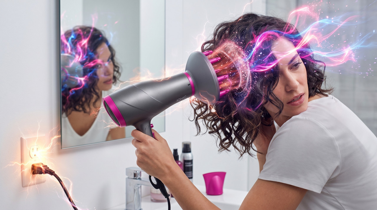 Mujer con cabello radiante usando secador Westinghouse