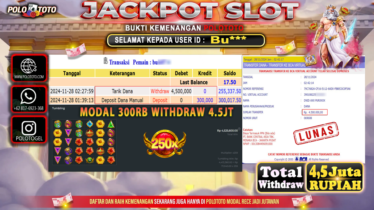 POLOTOTO JACKPOT SLOT GATES OF OLYMPUS Rp.4,500.000,-
