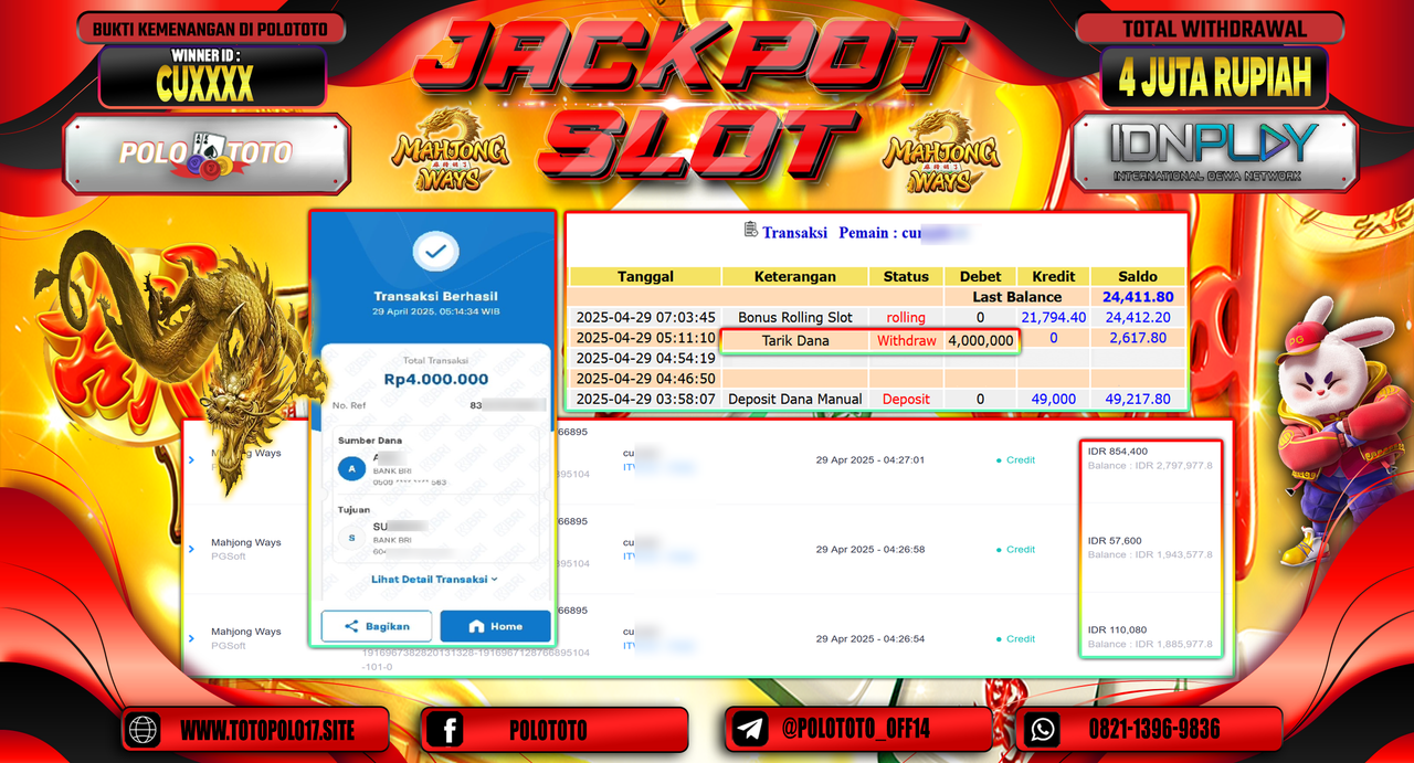 POLOTOTO JACKPOT SLOT MAHJONG WAYS Rp.4.000.000,-