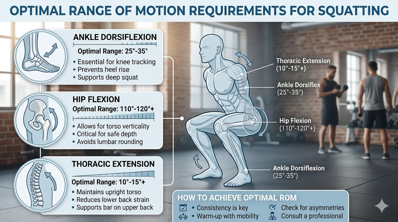 Anatomical diagram showing ankle dorsiflexion, hip flexion, and thoracic extension during a deep squat for best mobility exercises for deeper squats